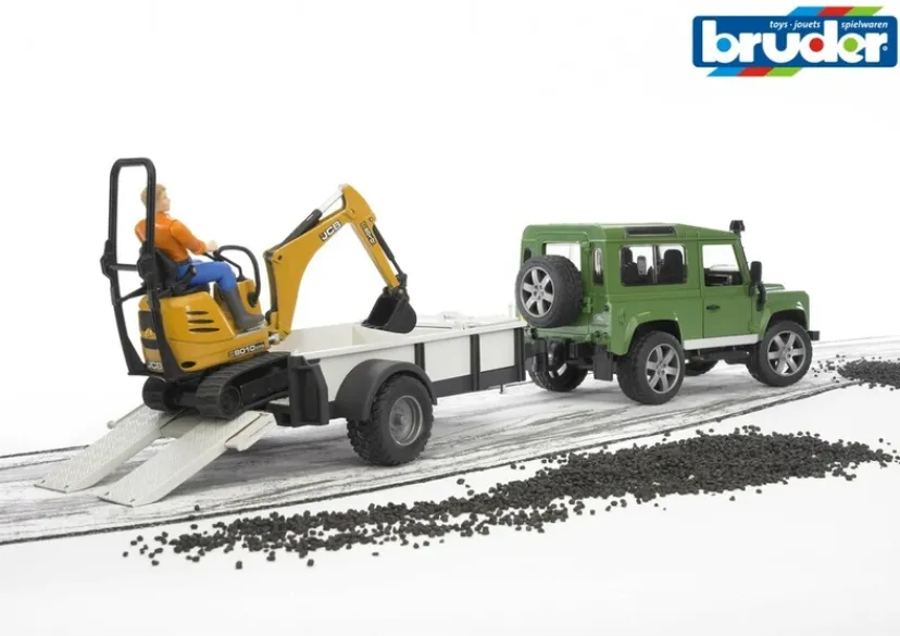 Land Rover med trailer og JCB micro gravemaskine>Bruder New